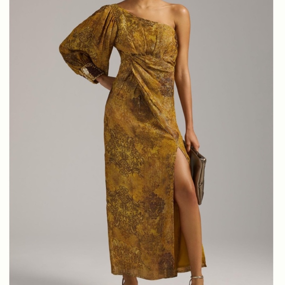 Anthropologie Nirmooha Yellow Printed One-Shoulder Dress